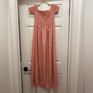 Pink and white floral casual summer maxi dress off the shoulder